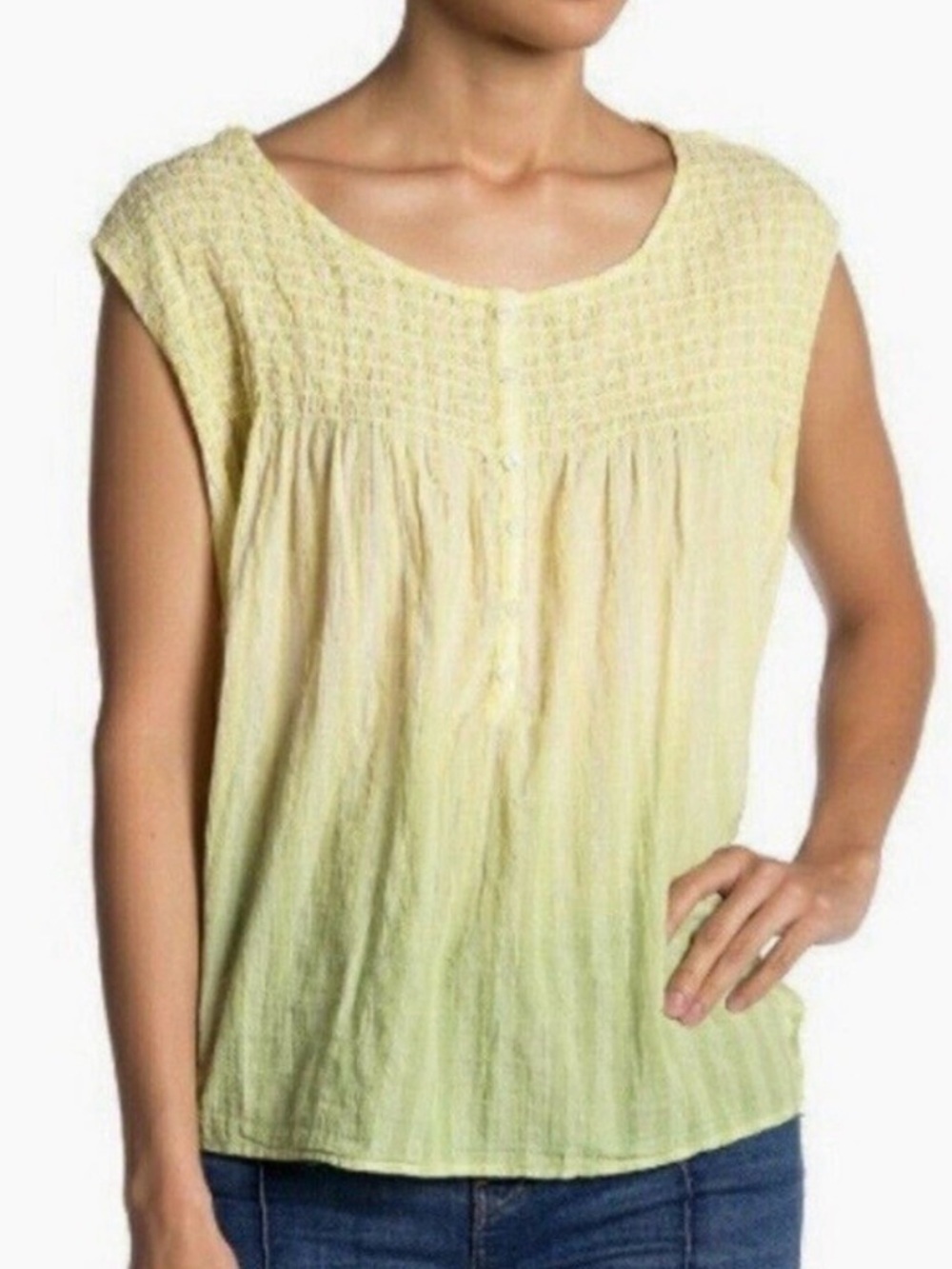 Free People We The Free Smocked Gauze Boho Peasant Top Lime Green L Soft Summer